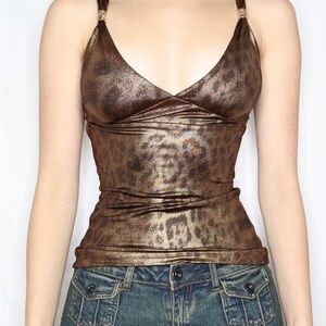 Vintage Leopard Print Gold Y2K Aesthetic Sleeveless Crop Tops Women Sexy Top